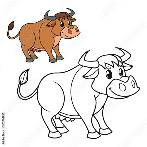 Cartoon Bull Coloring Page – Friendly Brown Farm Animal with Horns, Hooves, and Big Eyes in Black and White and Colored Version