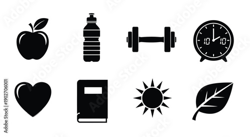 Black silhouette icons show fitness and a healthy lifestyle.