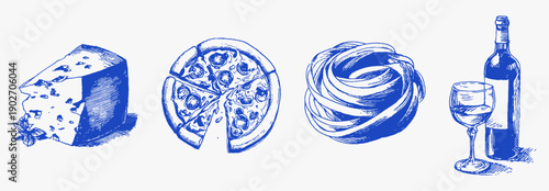 Gourmet cheese and wine hand drawn ink line sketch. Italian food illustration with a rough crayon texture and charcoal ink style for mediterranean wine lists and menu graphics.