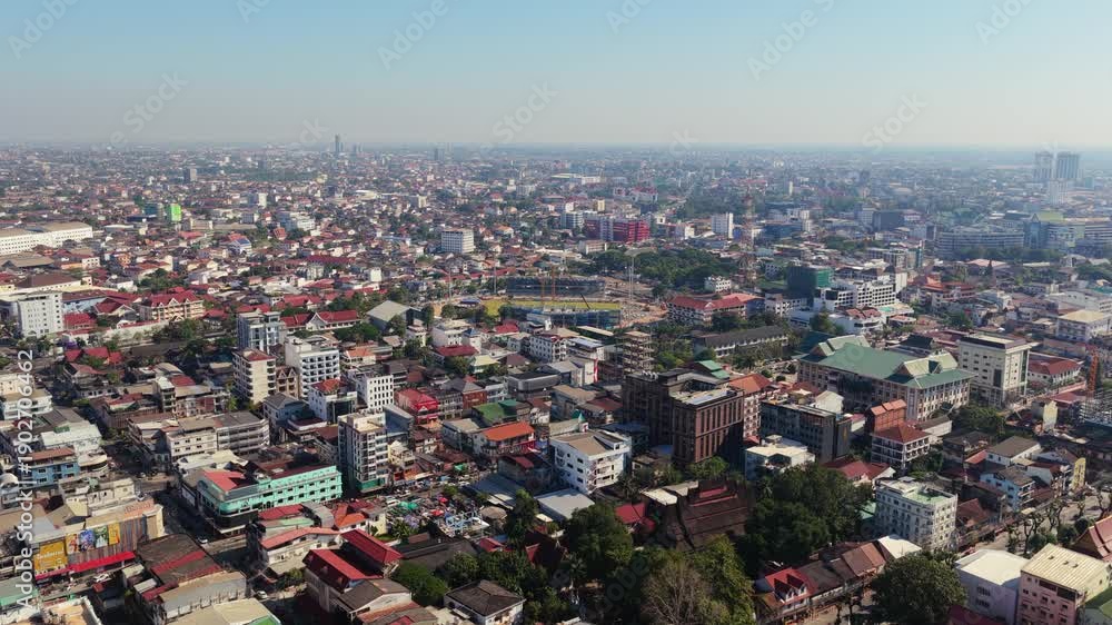 custom made wallpaper toronto digitalStatic high angle establishing shot of Vientiane, capital of Laos, showcasing cityscape, streets with traffic, and Mekong riverbank