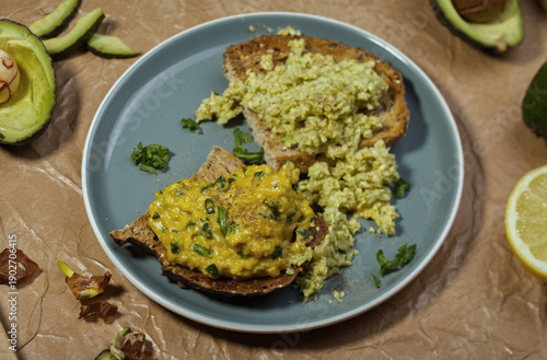 Healthy breakfast food with eggs,bread and fruit.
