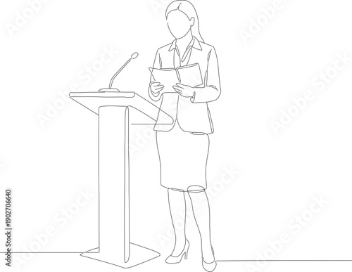 Line Art Woman Speaking at Podium Illustration Business Concept Design