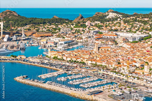 Картината върху платно Aerial drone view of La Ciotat marina with yachts and harbor infrastructure alon