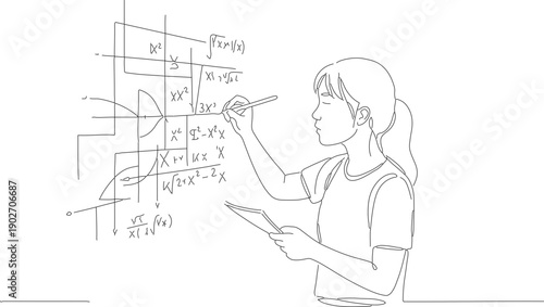 Handdrawn Continuous Line Female Mathematician Writing Formula On Blackboard Illustration