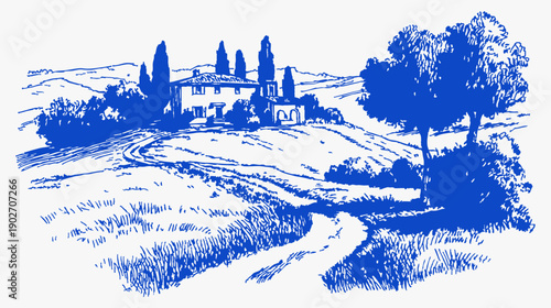 Mediterranean countryside villa landscape sketch blue ink. Hand drawn italian farmhouse, cypress trees and winding rural road. Vintage summer travel scenery for cards or prints.