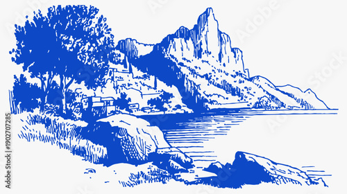 Mediterranean rocky coast village crayon vintage sketch drawing line. Blue ink illustration of tree, houses and cliffs beside calm sea water. Travel scenery for prints or posters.