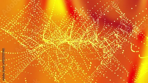 Dynamic golden particle wave on vibrant yellow red background creating an abstract digital motion effect ideal for technology data visualization motion graphics and modern visual design projects.