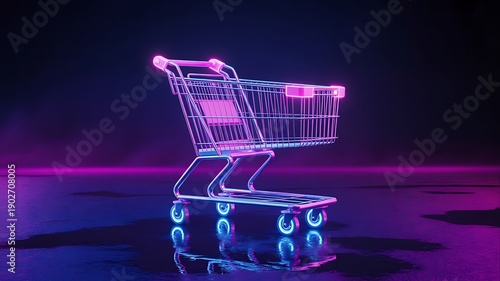 A futuristic shopping cart illuminated with glowing pink lights on a reflective surface.