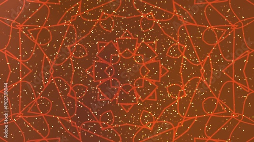 Abstract orange geometric kaleidoscope mandala with glowing particles and shimmering lights ideal for backgrounds motion graphics and visual design.