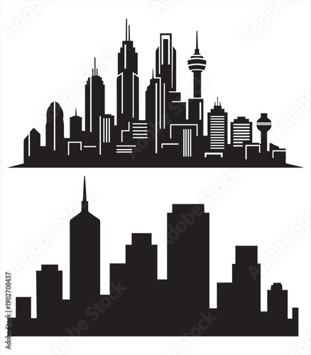 An elegant black silhouette vector illustration of the New York City skyline featuring iconic urban skyscrapers and downtown building architecture in a panoramic landscape outline