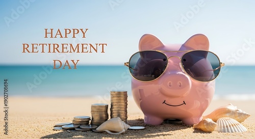 Happy Retirement Day - Pink piggy bank with sunglasses and coins on beach