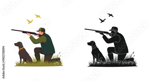 Hunter aiming a shotgun with a dog presented in color and silhouette