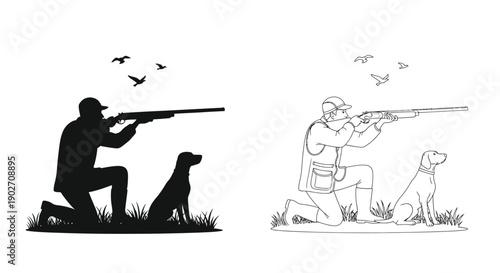 Hunting scene with a man dog and birds in silhouette and line art
