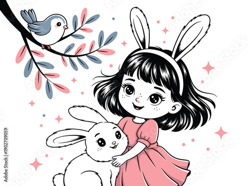 A young girl in a pink dress hugs a white rabbit with a bird perched on a branch above her.