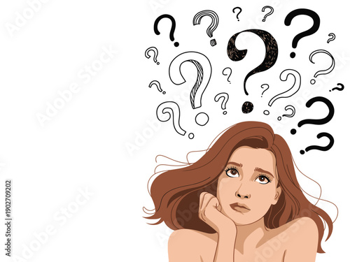 A cartoon woman with a puzzled expression and question marks floating above her head, looking confused and unsure.
