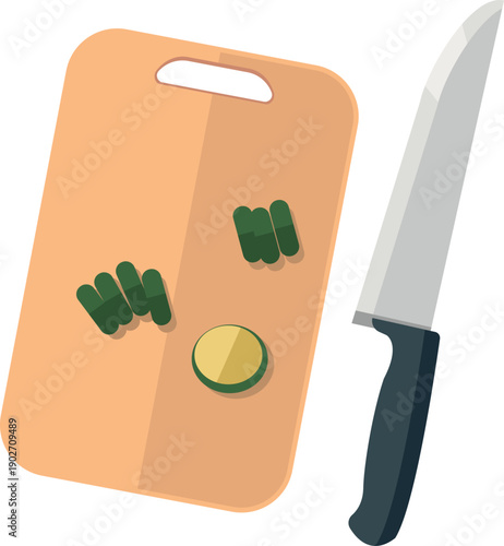 Vegetable slices on kitchen wooden board. Cooking icon