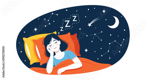 A Peaceful Vector Illustration of a Woman Sleeping Soundly Under a Starry Night Sky, Dreaming of Serenity and Rest