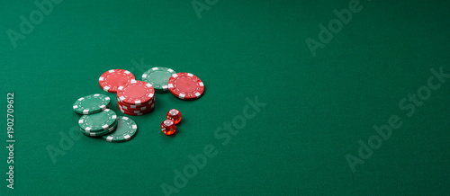 Casino dice and chips on a colored background, poker, gambling with bets. Dice and chips