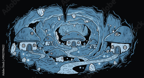 Enchanting Underground Mushroom Village in a Glowing Crystal Cave Illustration