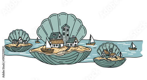 Whimsical Miniature Coastal Villages Built Inside Giant Sea Shells Floating on the Ocean