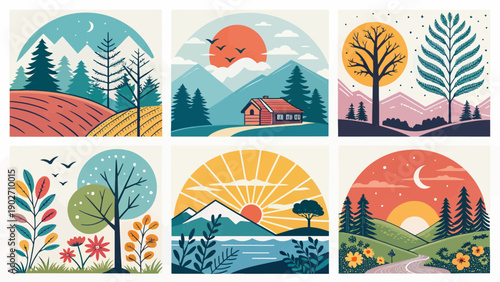 Stylized flat illustration of a serene mountain landscape with trees, rolling hills, and a crescent moon, evoking a peaceful, natural retreat.