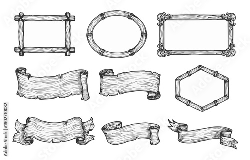 A collection of handcrafted wooden frames and banners design elements in a rustic vintage style.