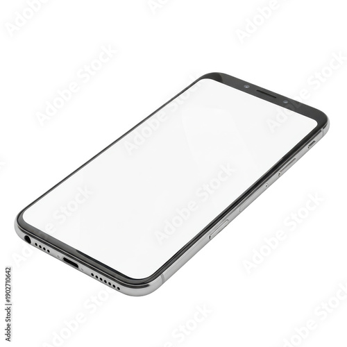 Modern smartphone with blank white screen mockup isolated on transparent grid background for app interface and UI design concept