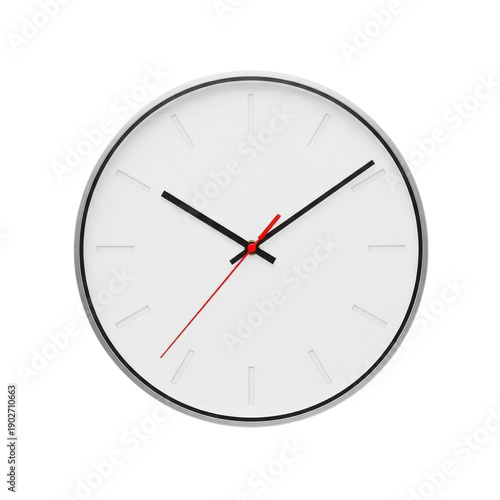 Modern white analog wall clock with black hour and minute hands and red second hand on transparent background