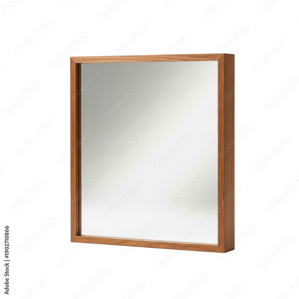 Obraz premium Rectangular wall mirror with simple light brown wooden frame, clean reflective surface, modern home decor, isolated on transparent background