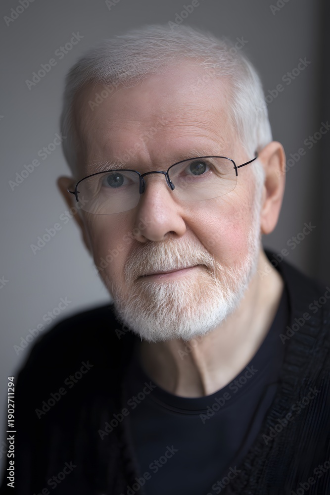 Obraz premium A close-up portrait of an elderly man with glasses, looking directly at the camera. He has a kind expression