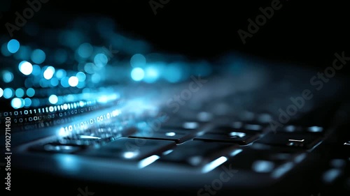 Binary code data bit screen display, laptop computer matrix, data flow visualization, big data age concept, artificial intelligence transfer, defocused blue light background, with