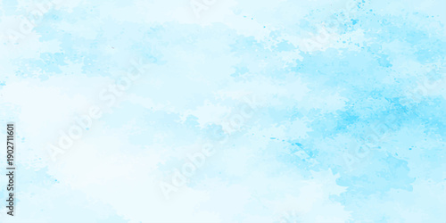 An abstract blue watercolor sky background features soft white clouds and a bright summer texture to create a clear sunny day atmosphere