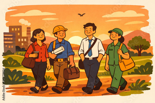 Diverse group of workers walking together at sunset with industrial buildings in background
