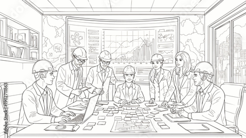 Team of engineers in a meeting room discussing project plans and charts on a whiteboard, brainstorming ideas