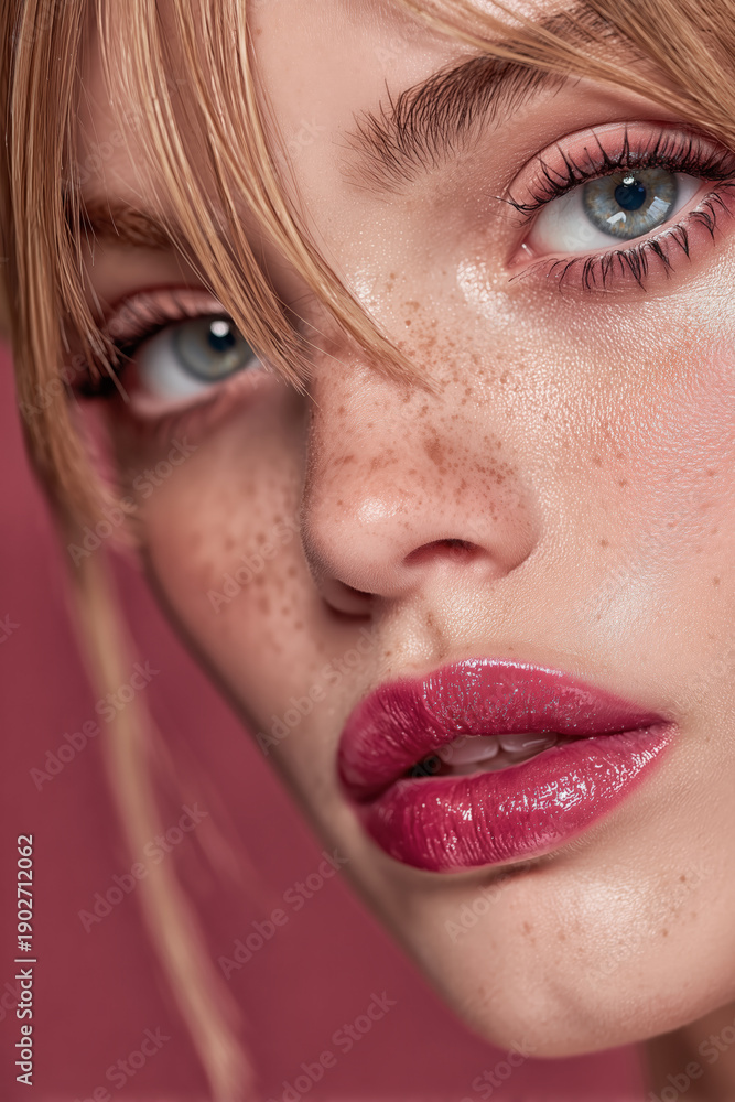 Naklejka premium Close-up portrait of a beautiful woman with pink lips on a pink background.