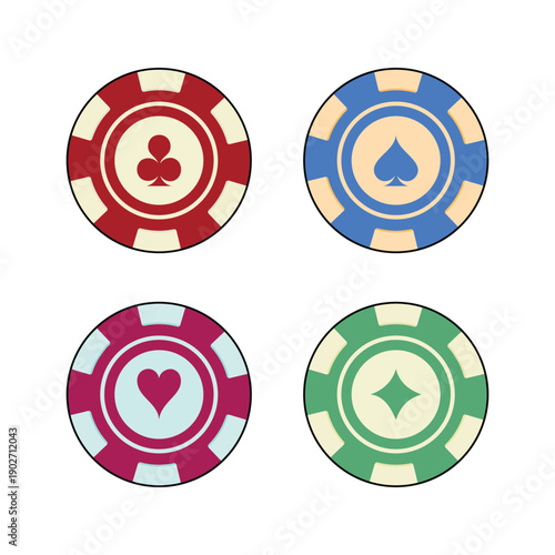 Four colorful casino chips with playing card suits poker chip gambling