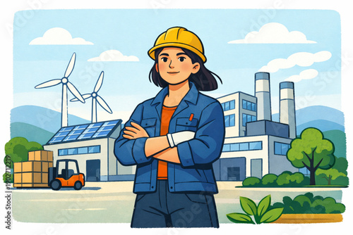 Proud female worker in front of a sustainable factory with wind turbines and solar panels