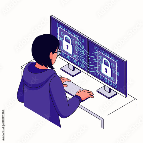 Cybersecurity expert protecting sensitive data with advanced encryption and digital security measures on dual monitors