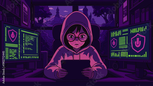 Young hacker girl in hoodie and glasses working on laptop in dark room with multiple computer screens displaying code and security symbols