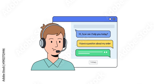 Friendly customer support representative wearing a headset engages in a live text chat conversation to resolve an order inquiry efficiently.