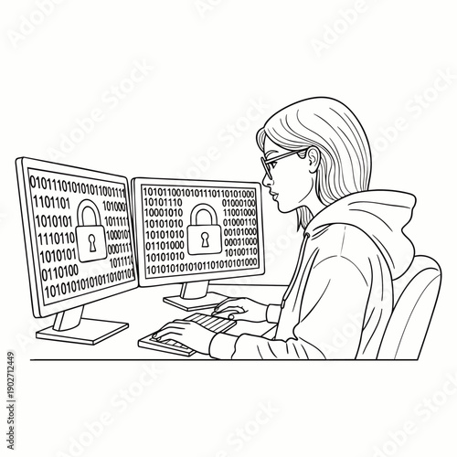 Young woman programmer working on computers with binary code and security locks on screens, cybersecurity concept