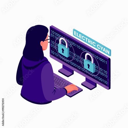 Cybersecurity concept: Person working on a computer with security locks and binary code on the screen.
