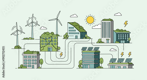Illustration depicting various sustainable green buildings interconnected by lines representing clean energy distribution systems.