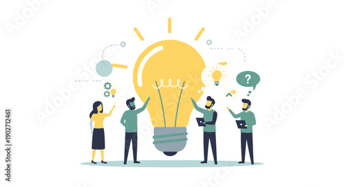 Diverse team collaborates around a giant illuminating lightbulb symbolizing innovation, problem-solving, and creative idea generation strategies.