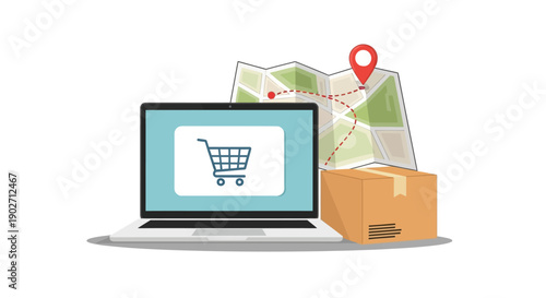 Digital online shopping platform concept featuring a laptop displaying a cart icon connected to package delivery tracking on a map.
