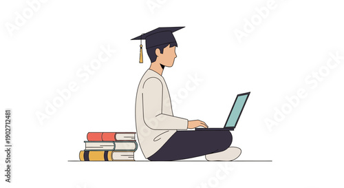 Young graduate student wearing a mortarboard cap works diligently on a laptop beside a stack of academic textbooks