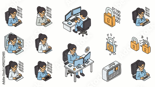 Isometric illustration of people working with computers and cybersecurity concepts like locks and binary code
