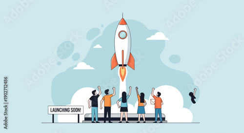 Small business team celebrates the successful vertical launch of a new innovative product rocket signaling imminent availability.
