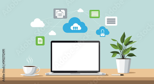 Illustration depicting a modern laptop connected to various cloud services for data storage, security, and document management workflows.