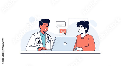 Friendly doctor consulting a patient online using a laptop during a virtual healthcare appointment discussion